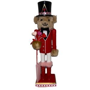 Bella Lux Teddy Bear Nutcracker Valentine's Day Wooden Plush Hearts Top Hat NEW